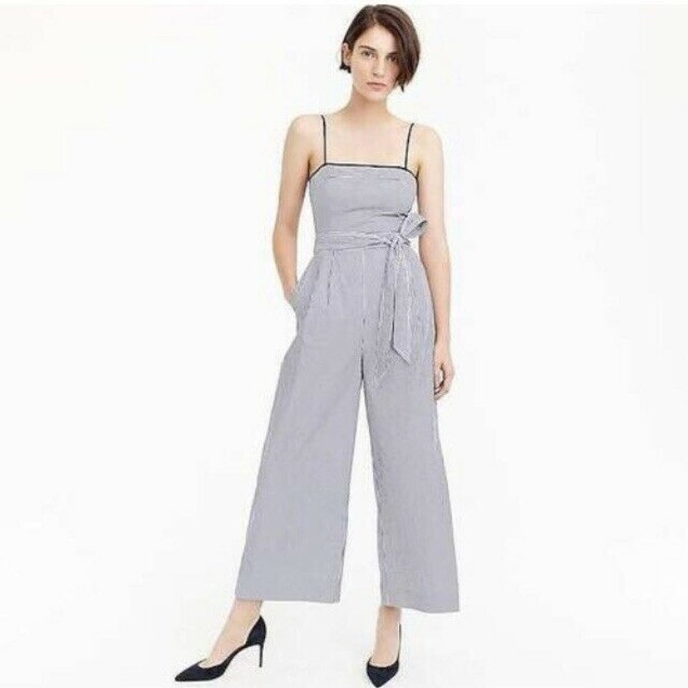 NWT J. CREW Striped Cotton Cropped Jumpsuit Tie Waist Belted Navy Blue White 4